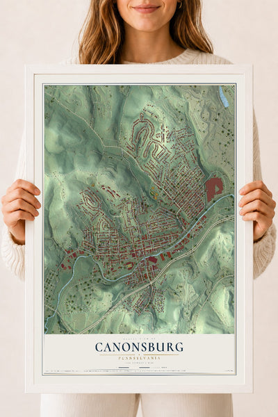 Map of Canonsburg, Pennsylvania, 18 x 24 inch print in a white wood frame