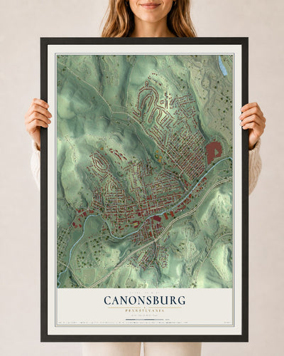 Map of Canonsburg, Pennsylvania, 24 x 36 inch print in a black wood frame