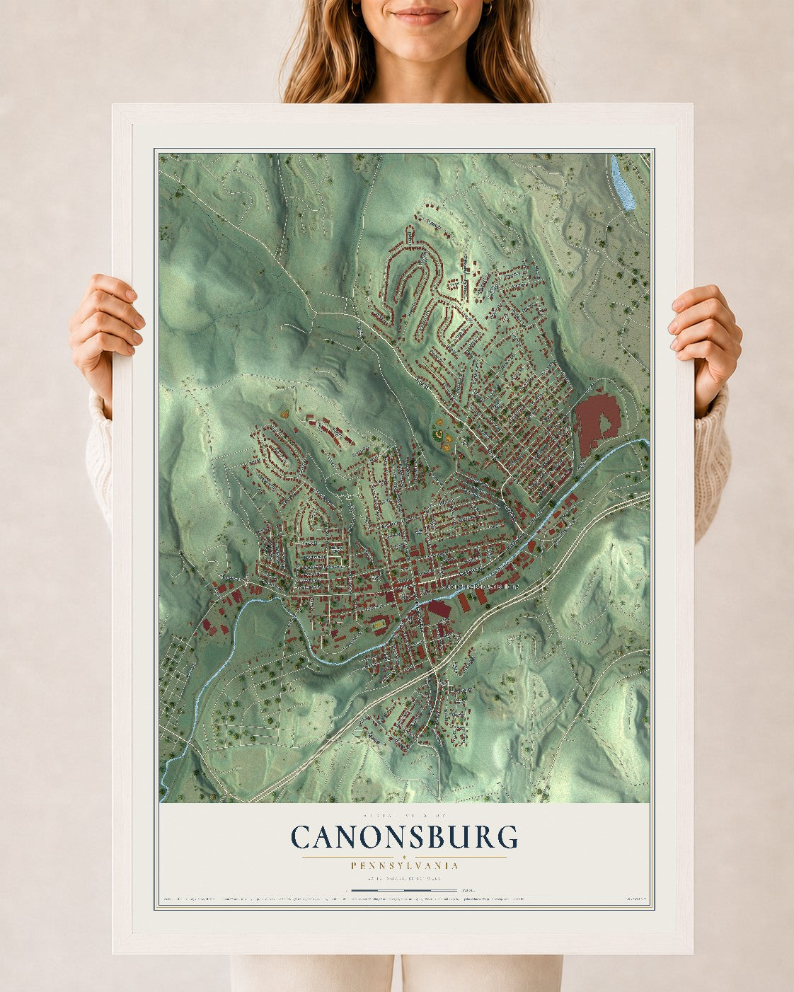 Map of Canonsburg, Pennsylvania, 24 x 36 inch print in a white wood frame