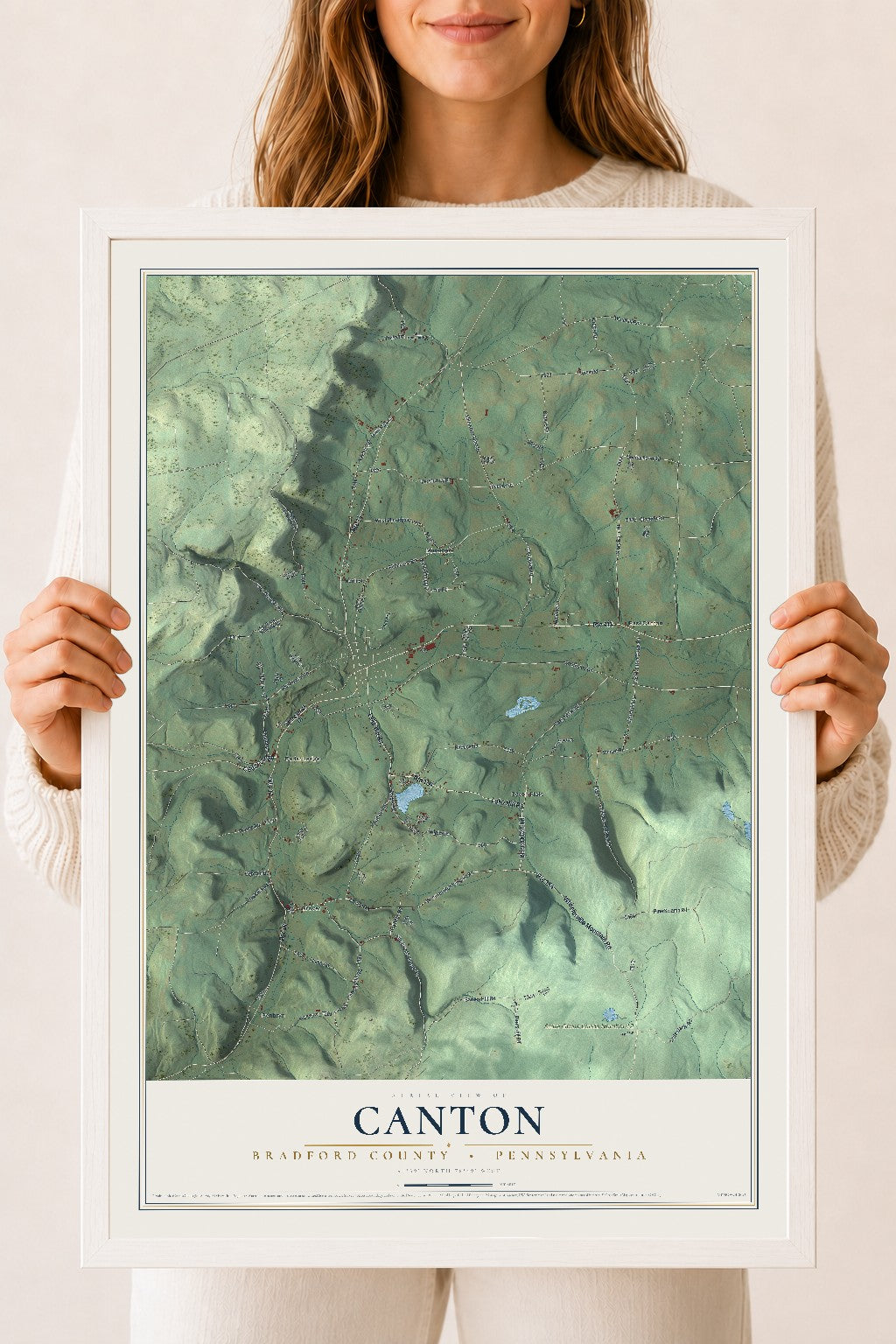 Map of Canton, Bradford County, Pennsylvania, 18 x 24 inch print in a white wood frame