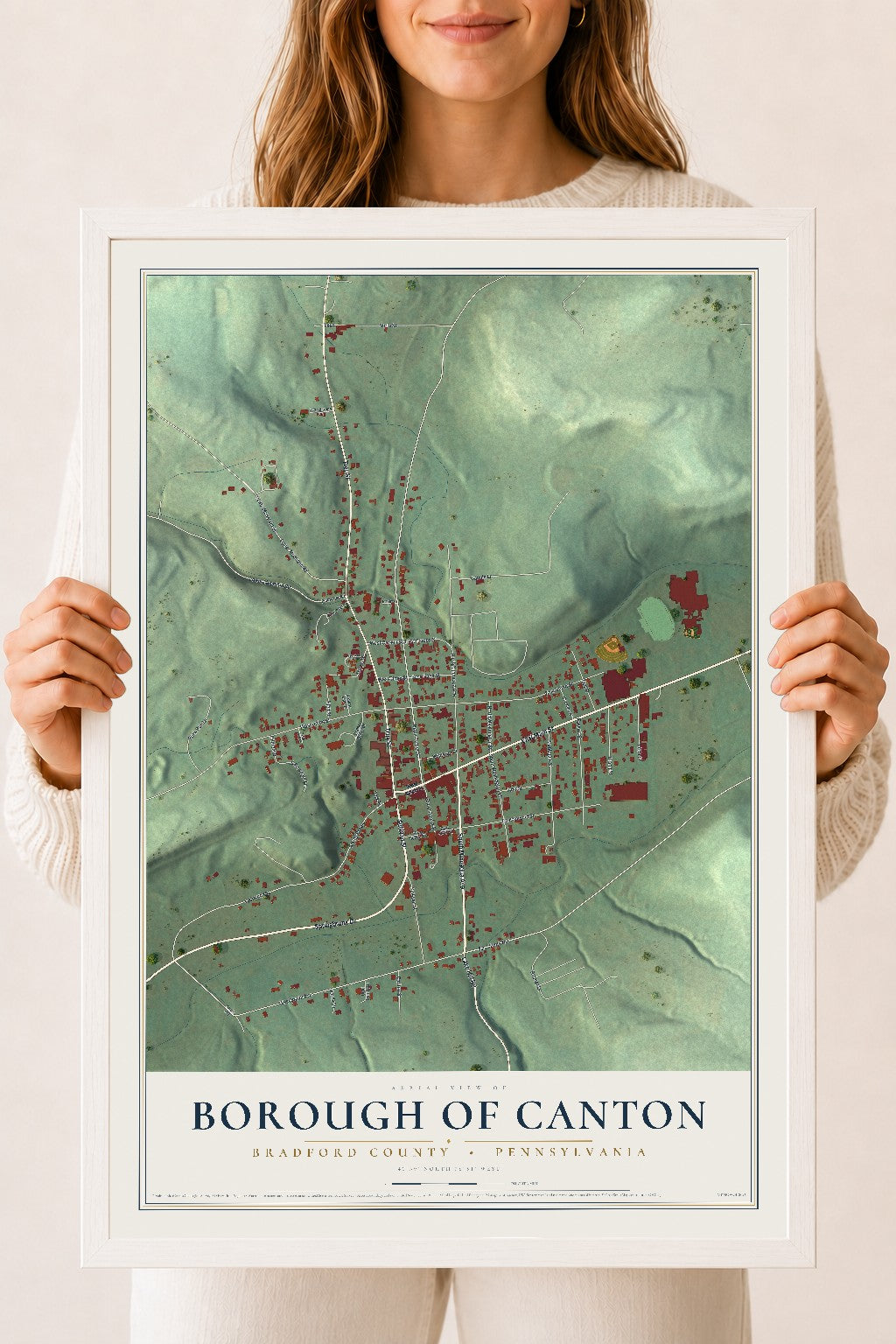 Map of the Borough of Canton, Bradford County, Pennsylvania, 18 x 24 inch print in a white wood frame