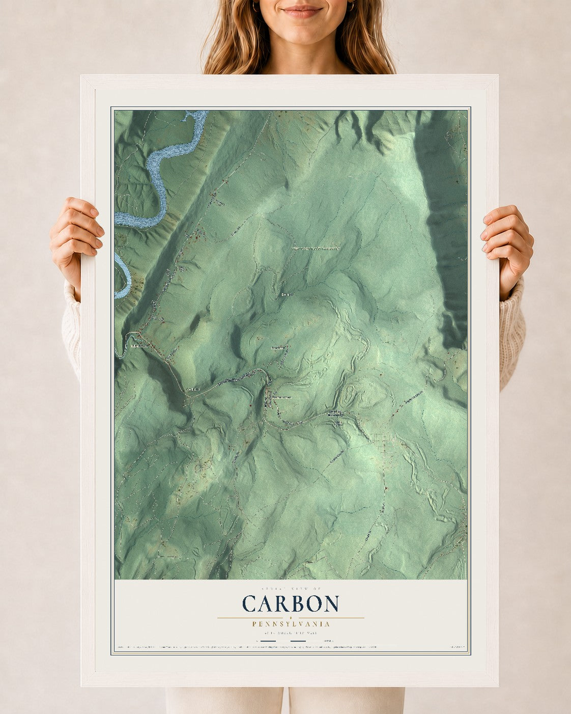 Map of Carbon, Pennsylvania, 24 x 36 inch print in a white wood frame