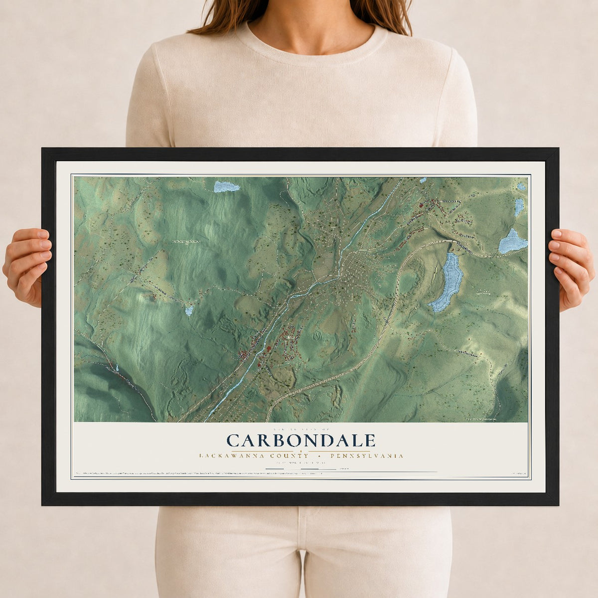 Map of Carbondale, Lackawanna County, Pennsylvania, 12 x 18 inch print in a black wood frame