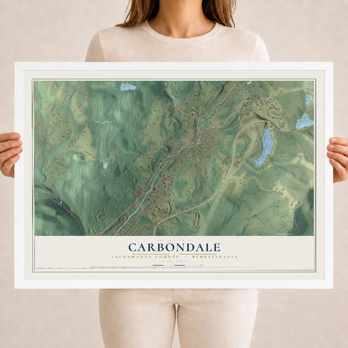 Map of Carbondale, Lackawanna County, Pennsylvania, 18 x 24 inch print in a white wood frame