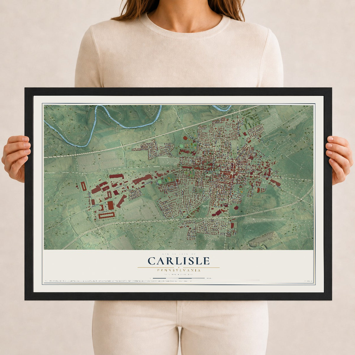Map of Carlisle, Pennsylvania, 12 x 18 inch print in a black wood frame