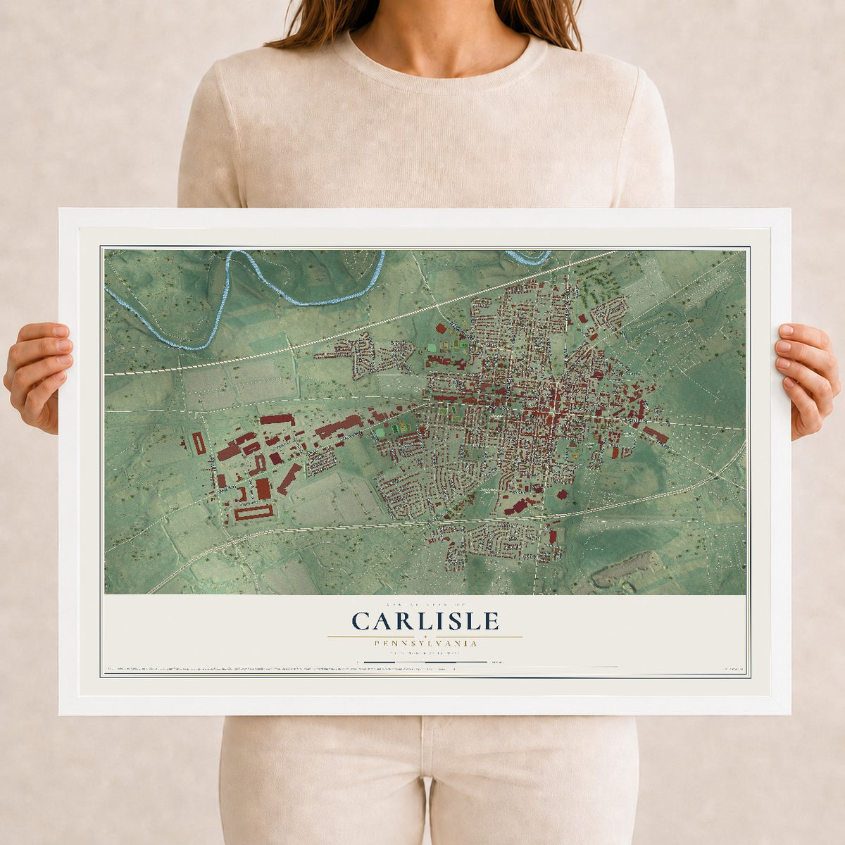 Map of Carlisle, Pennsylvania, 12 x 18 inch print in a white wood frame