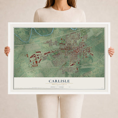 Map of Carlisle, Pennsylvania, 24 x 36 inch print in a white wood frame