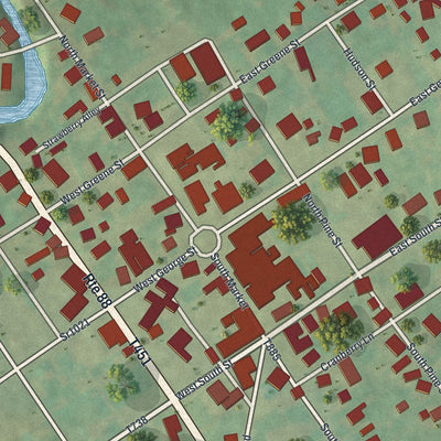 Close-up of the map of Carmichaels, Pennsylvania print showing street and building detail