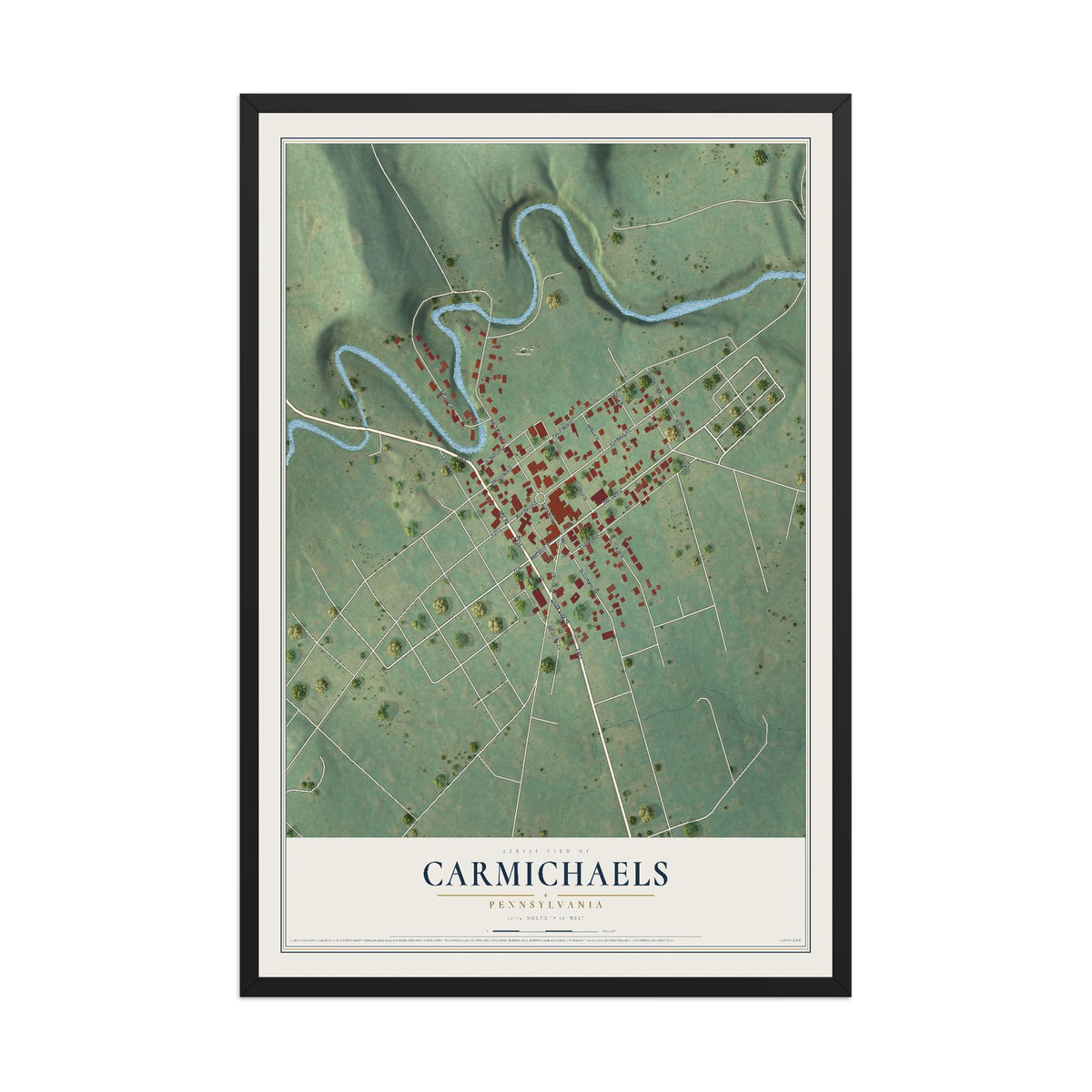 Map of Carmichaels, Pennsylvania, 12 x 18 inch print in a black wood frame