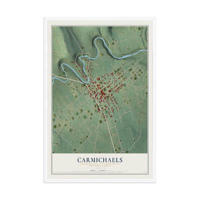 Map of Carmichaels, Pennsylvania, 12 x 18 inch print in a white wood frame