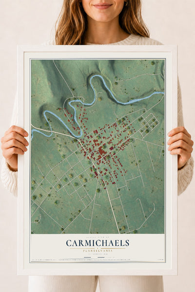 Map of Carmichaels, Pennsylvania, 18 x 24 inch print in a white wood frame