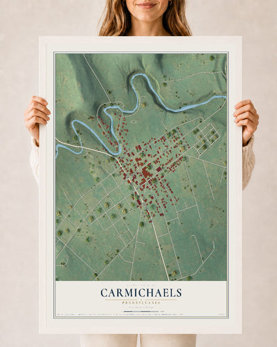 Map of Carmichaels, Pennsylvania, 24 x 36 inch print in a white wood frame