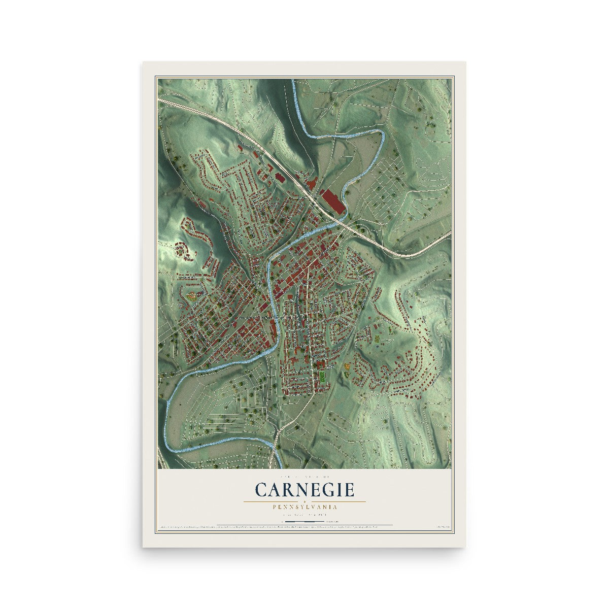 Map of Carnegie, Pennsylvania, 12 x 18 inch unframed archival matte print