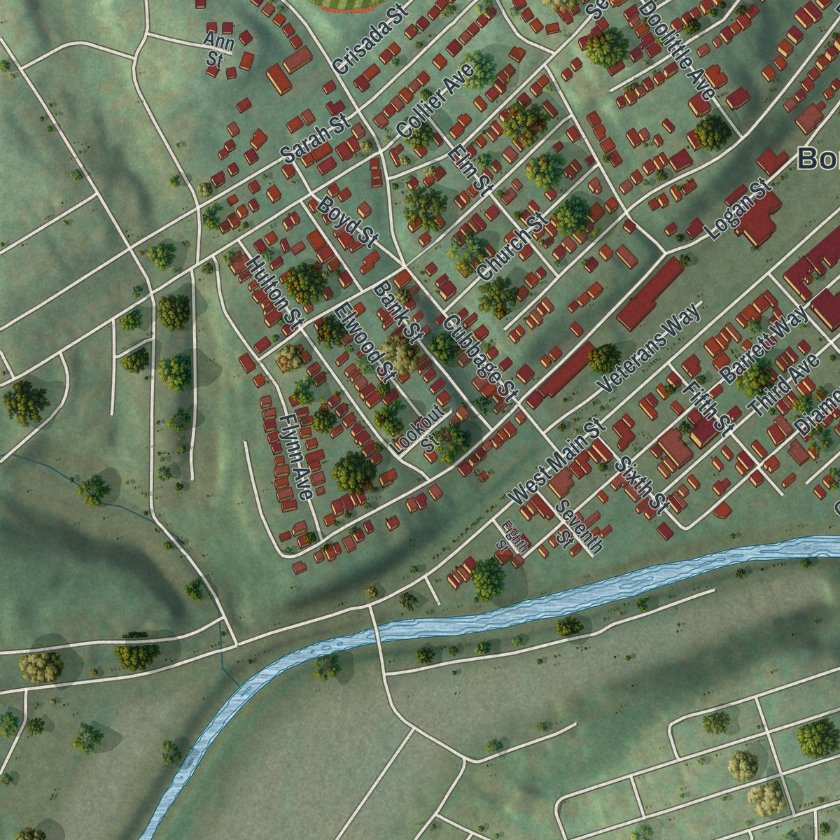 Second close-up of the map of Carnegie, Pennsylvania print showing more streets and buildings
