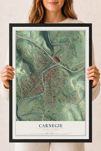 Map of Carnegie, Pennsylvania, 18 x 24 inch print in a black wood frame