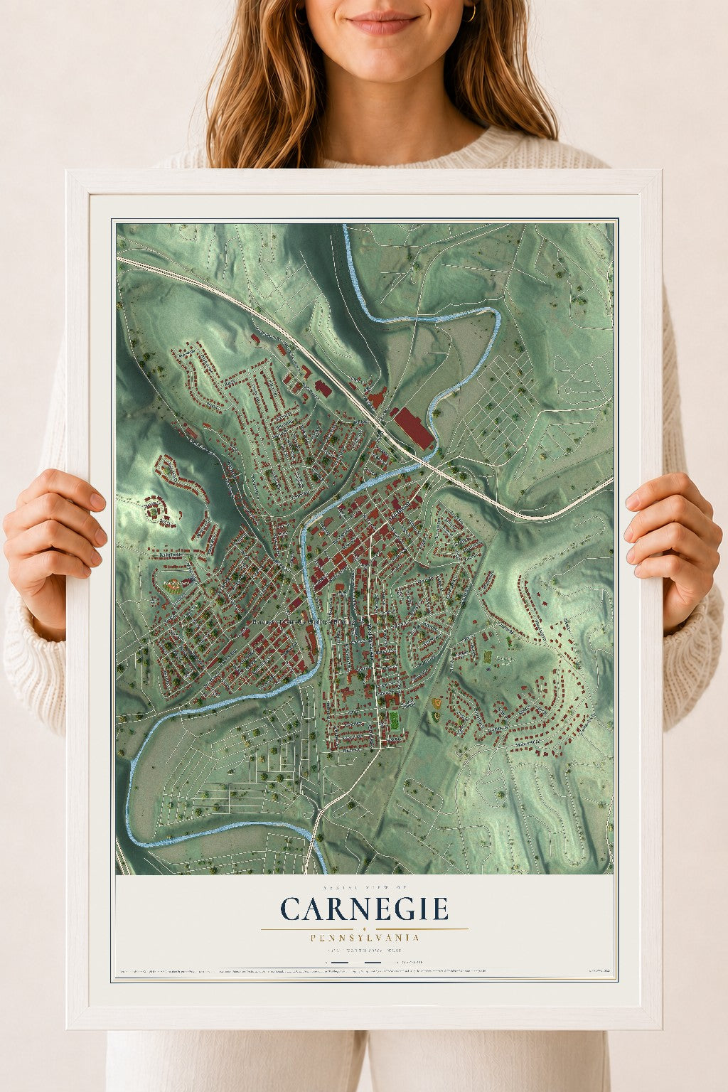 Map of Carnegie, Pennsylvania, 18 x 24 inch print in a white wood frame
