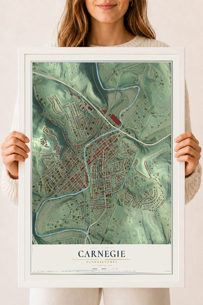 Map of Carnegie, Pennsylvania, 18 x 24 inch print in a white wood frame