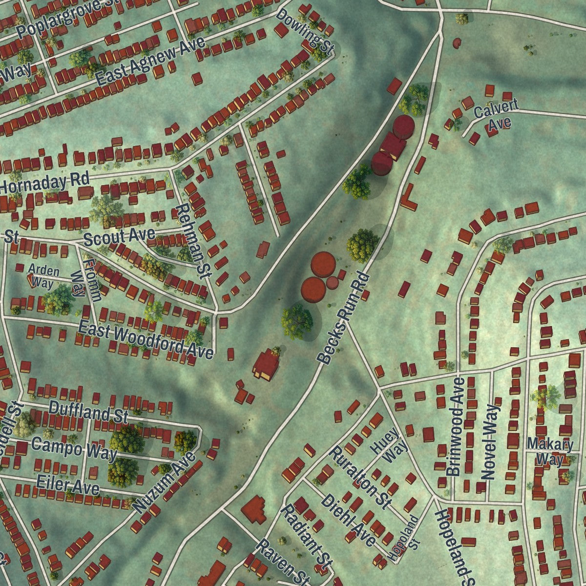 Second close-up of the map of Carrick, Pennsylvania print showing more streets and buildings