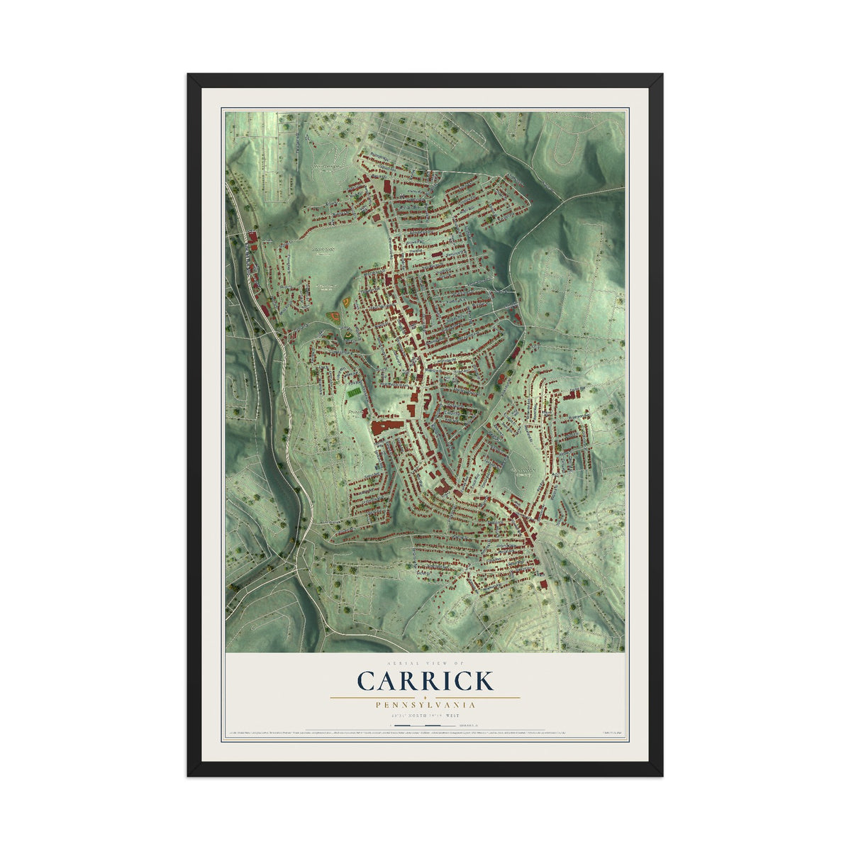 Map of Carrick, Pennsylvania, 12 x 18 inch print in a black wood frame