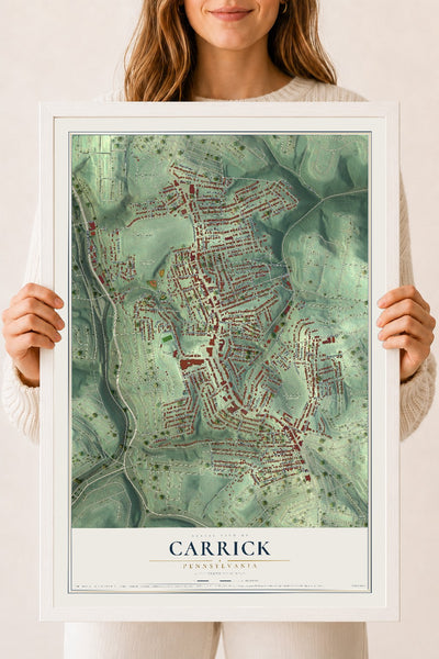 Map of Carrick, Pennsylvania, 18 x 24 inch print in a white wood frame