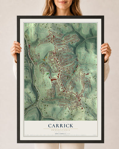Map of Carrick, Pennsylvania, 24 x 36 inch print in a black wood frame