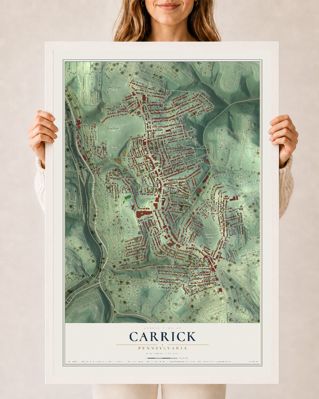 Map of Carrick, Pennsylvania, 24 x 36 inch print in a white wood frame