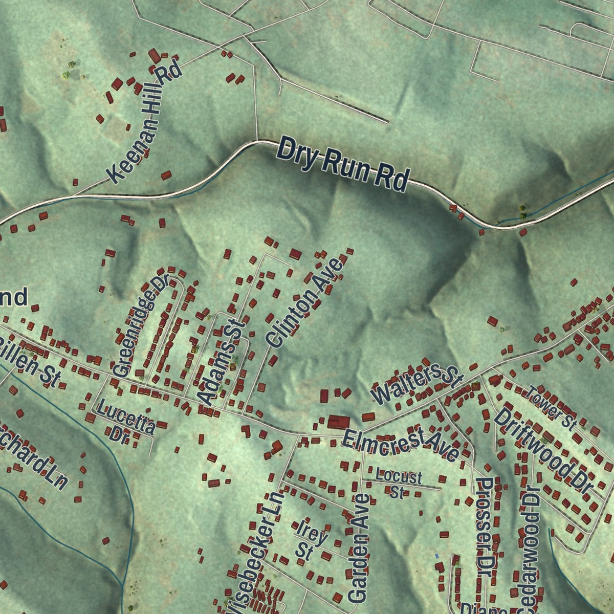 Second close-up of the map of Carroll, Washington County, Pennsylvania print showing more streets and buildings