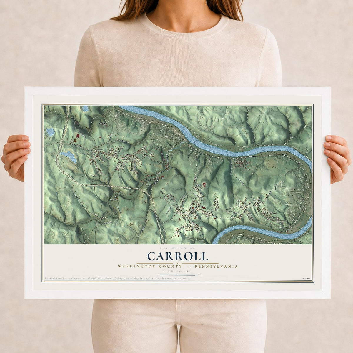 Map of Carroll, Washington County, Pennsylvania, 12 x 18 inch print in a white wood frame