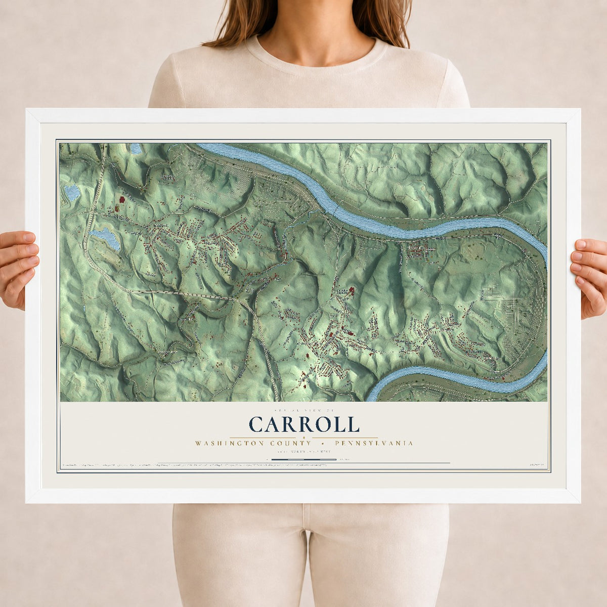 Map of Carroll, Washington County, Pennsylvania, 18 x 24 inch print in a white wood frame