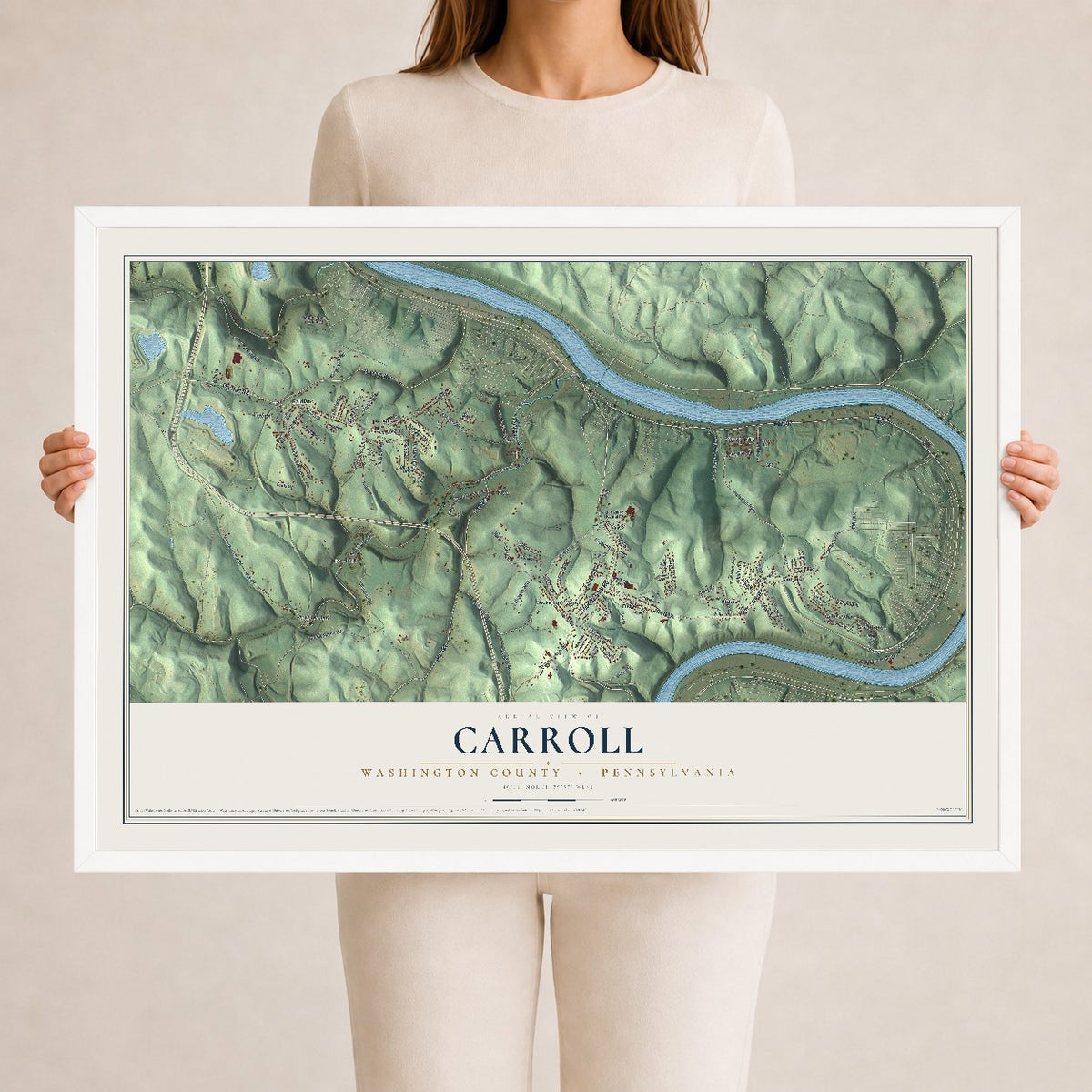 Map of Carroll, Washington County, Pennsylvania, 24 x 36 inch print in a white wood frame