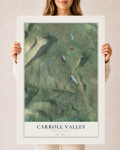 Map of Carroll Valley, Pennsylvania, 24 x 36 inch print in a white wood frame