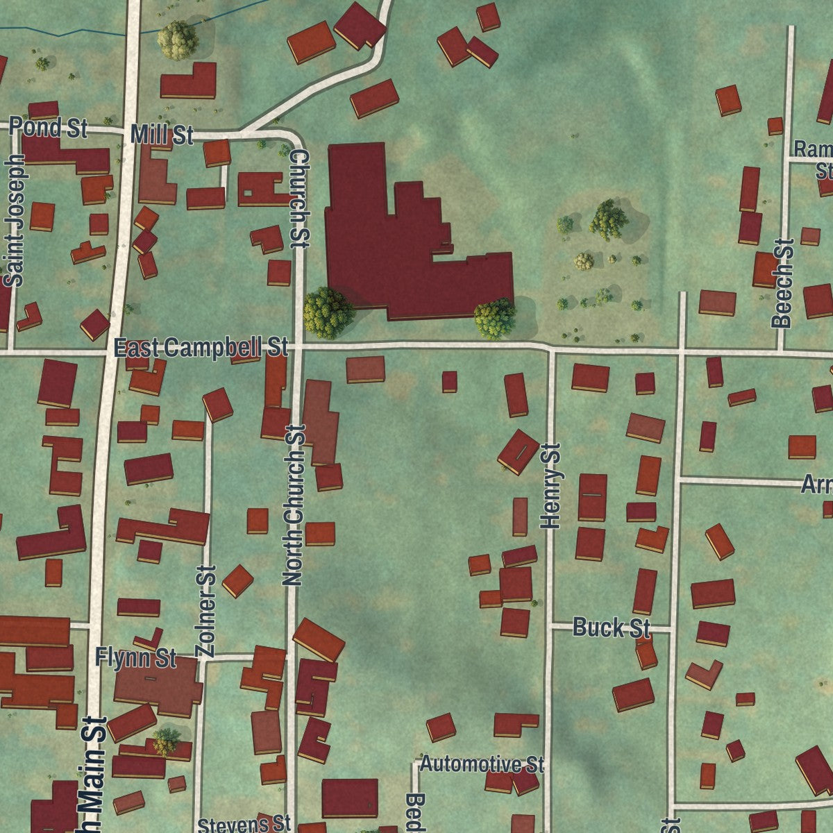 Close-up of the map of Carrolltown, Pennsylvania print showing street and building detail