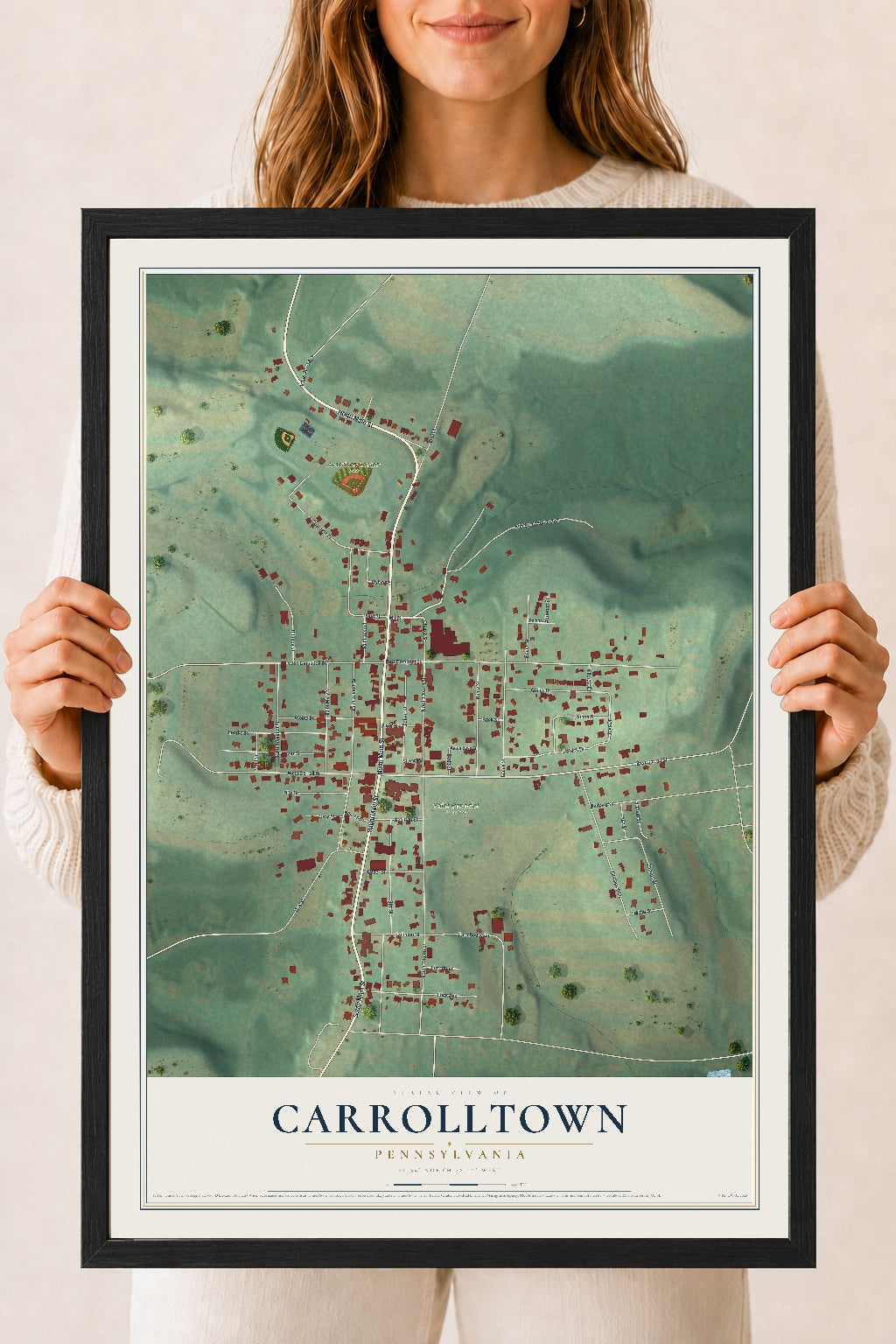 Map of Carrolltown, Pennsylvania, 18 x 24 inch print in a black wood frame
