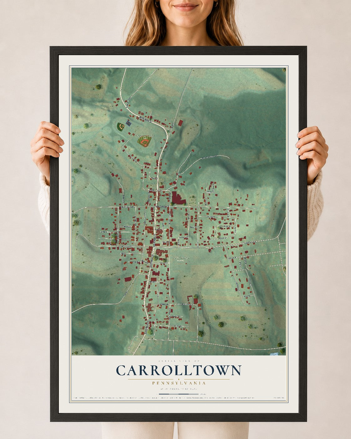 Map of Carrolltown, Pennsylvania, 24 x 36 inch print in a black wood frame