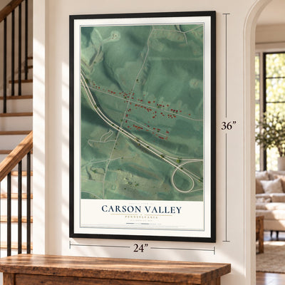 Carson Valley, Pennsylvania map, 24 x 36 inch print in a black frame by a staircase