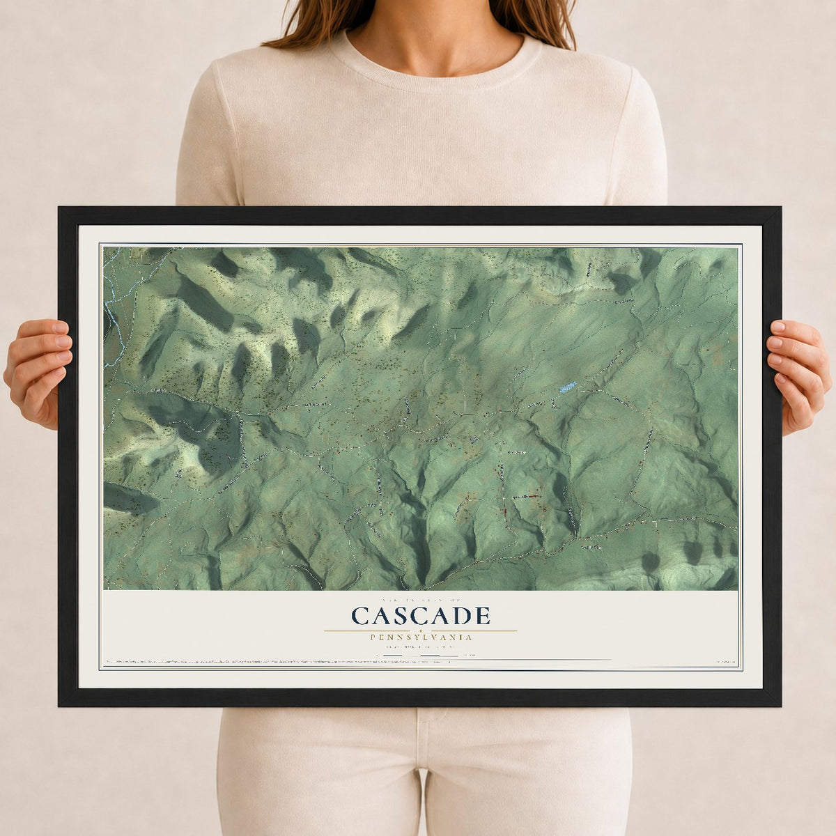 Map of Cascade, Pennsylvania, 12 x 18 inch print in a black wood frame