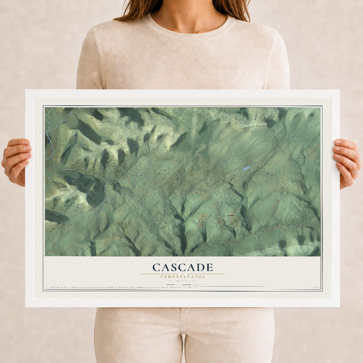 Map of Cascade, Pennsylvania, 12 x 18 inch print in a white wood frame