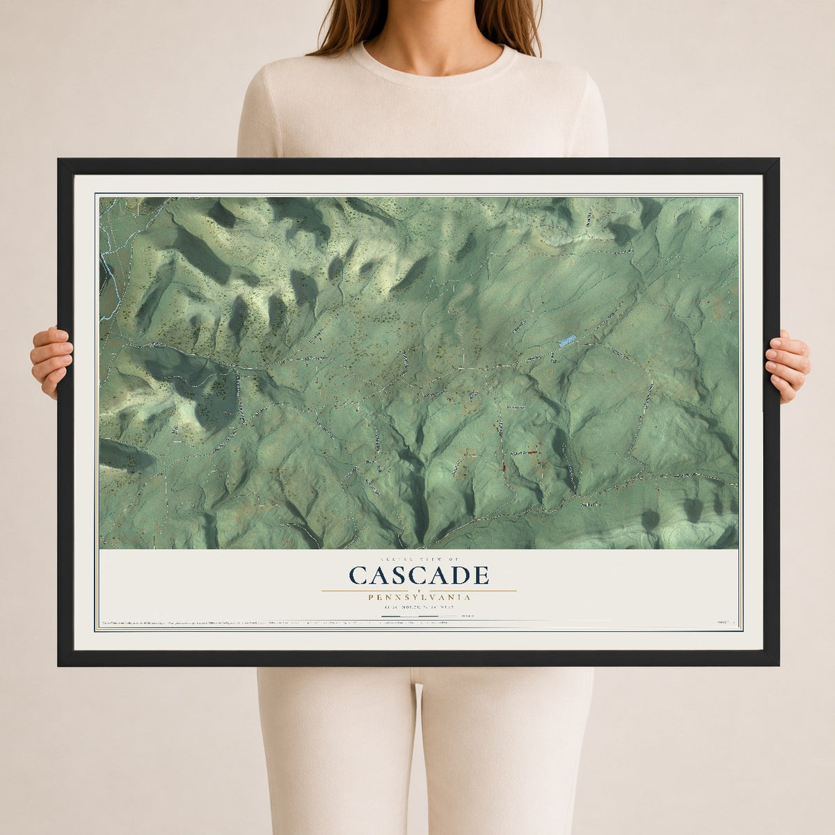 Map of Cascade, Pennsylvania, 24 x 36 inch print in a black wood frame
