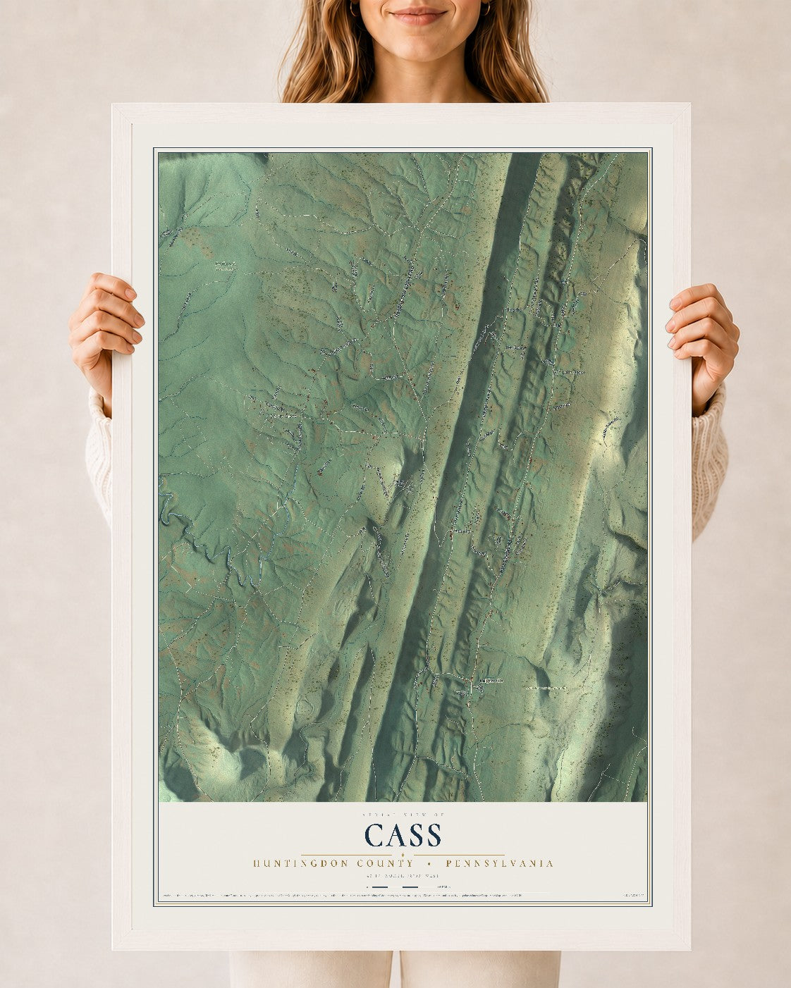 Map of Cass, Huntingdon County, Pennsylvania, 24 x 36 inch print in a white wood frame