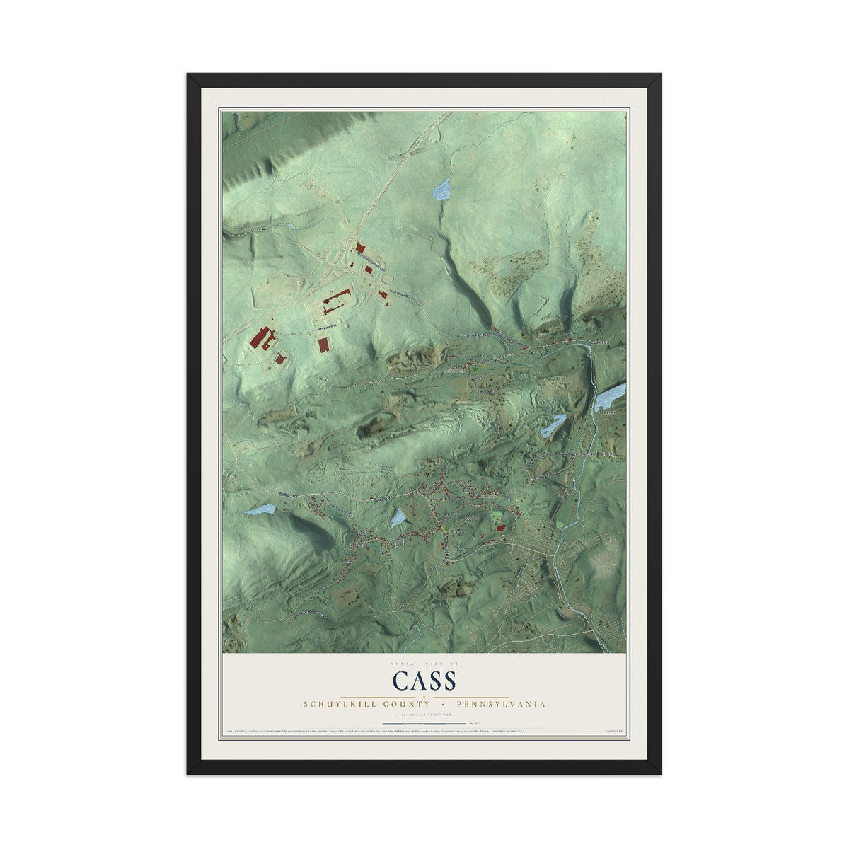 Map of Cass, Schuylkill County, Pennsylvania, 12 x 18 inch print in a black wood frame