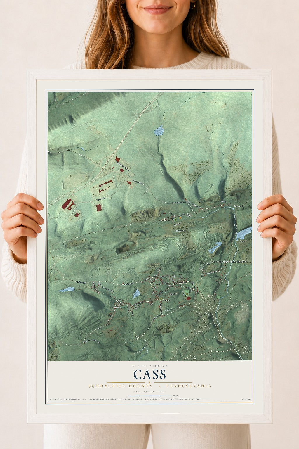 Map of Cass, Schuylkill County, Pennsylvania, 18 x 24 inch print in a white wood frame