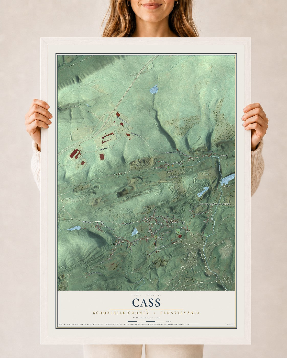 Map of Cass, Schuylkill County, Pennsylvania, 24 x 36 inch print in a white wood frame
