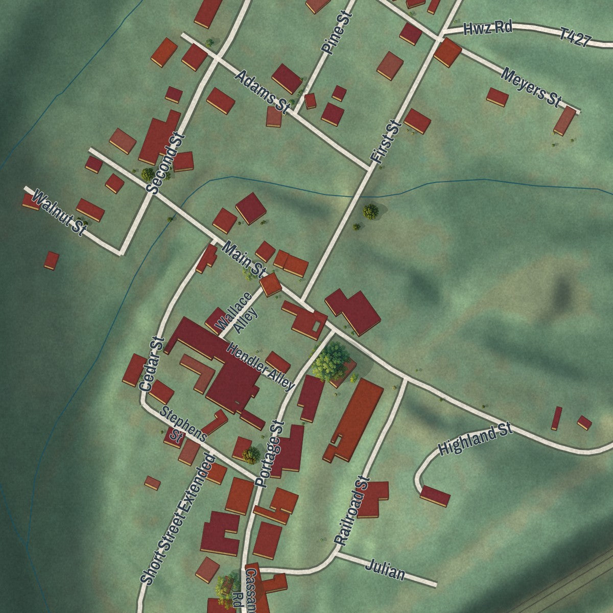 Close-up of the map of Cassandra, Pennsylvania print showing street and building detail
