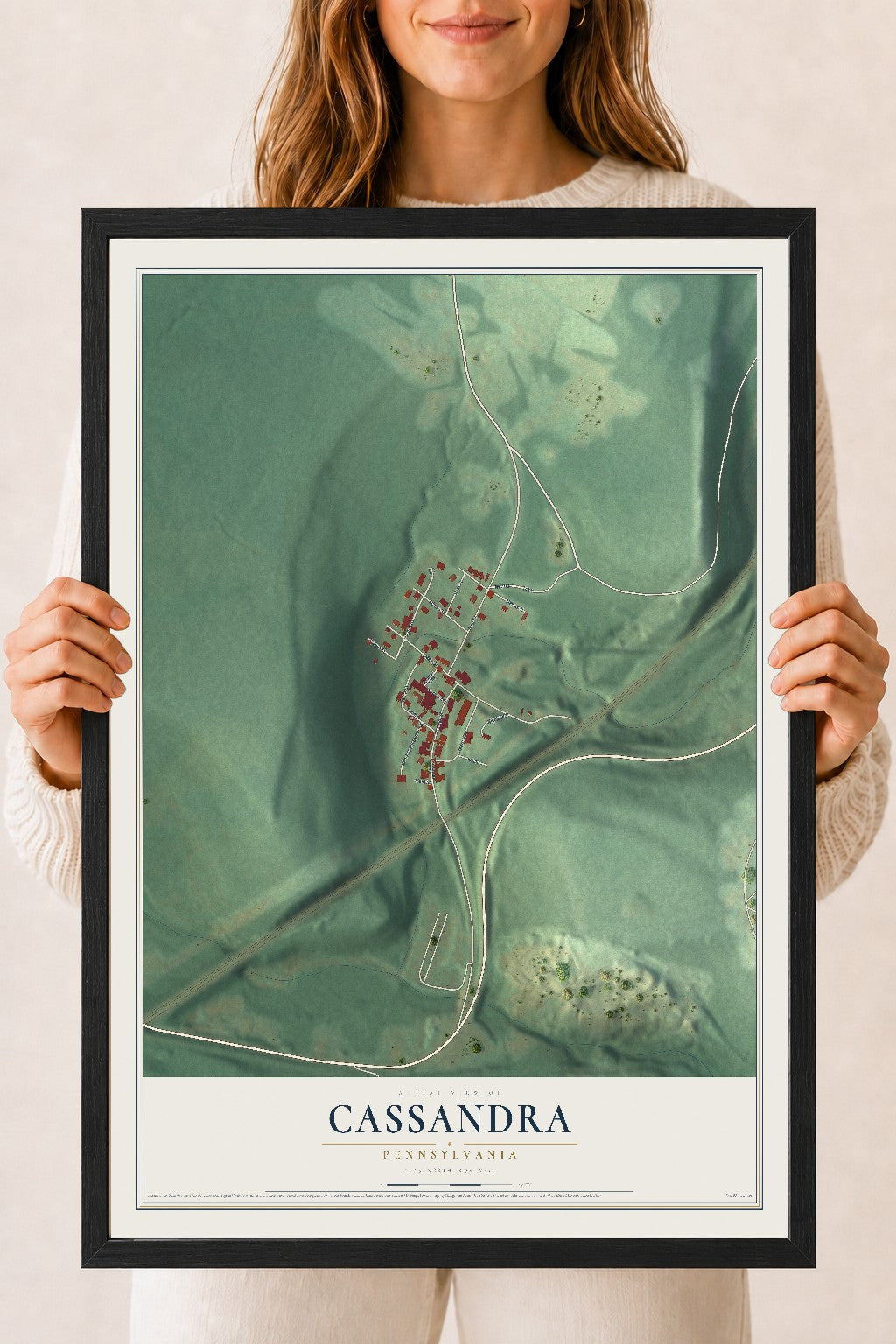 Map of Cassandra, Pennsylvania, 18 x 24 inch print in a black wood frame