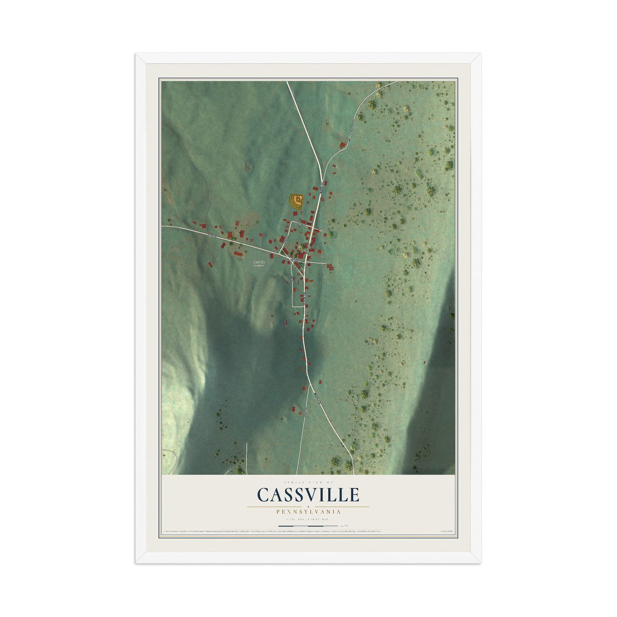Map of Cassville, Pennsylvania, 12 x 18 inch print in a white wood frame