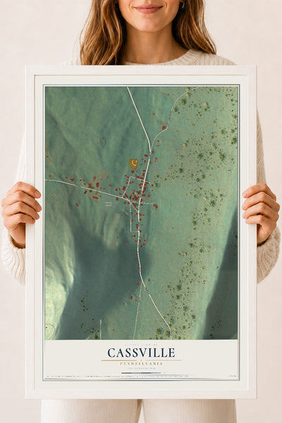Map of Cassville, Pennsylvania, 18 x 24 inch print in a white wood frame