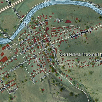 Second close-up of the map of Castanea, Pennsylvania print showing more streets and buildings