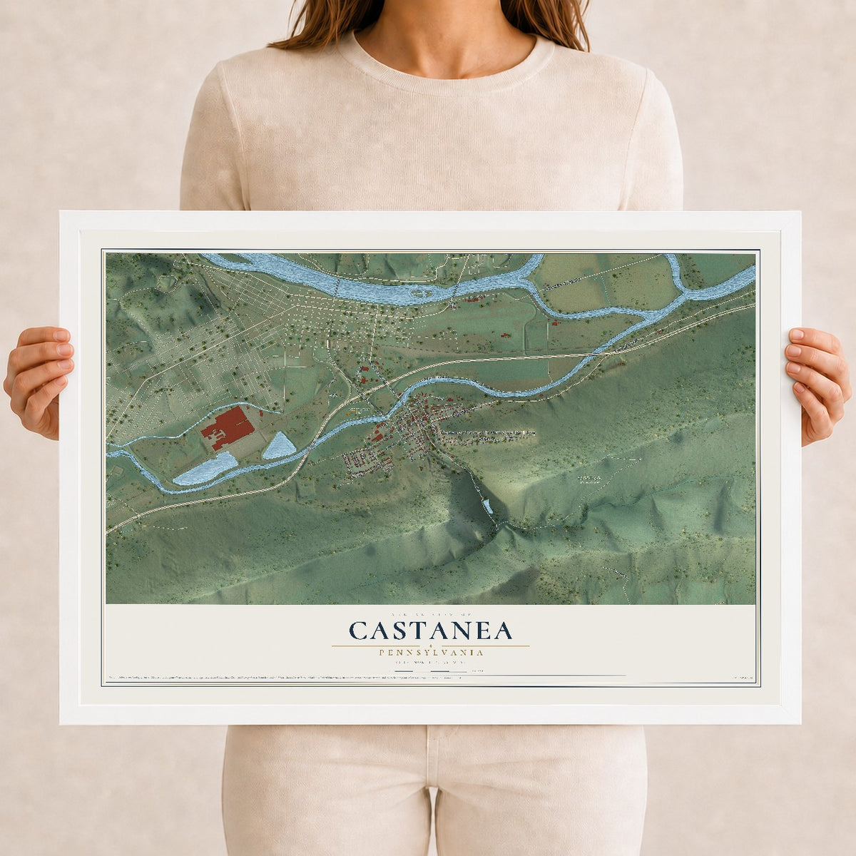 Map of Castanea, Pennsylvania, 12 x 18 inch print in a white wood frame