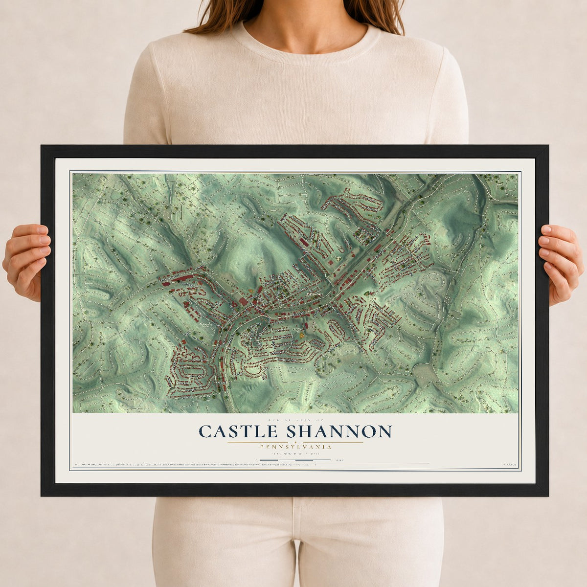 Map of Castle Shannon, Pennsylvania, 12 x 18 inch print in a black wood frame