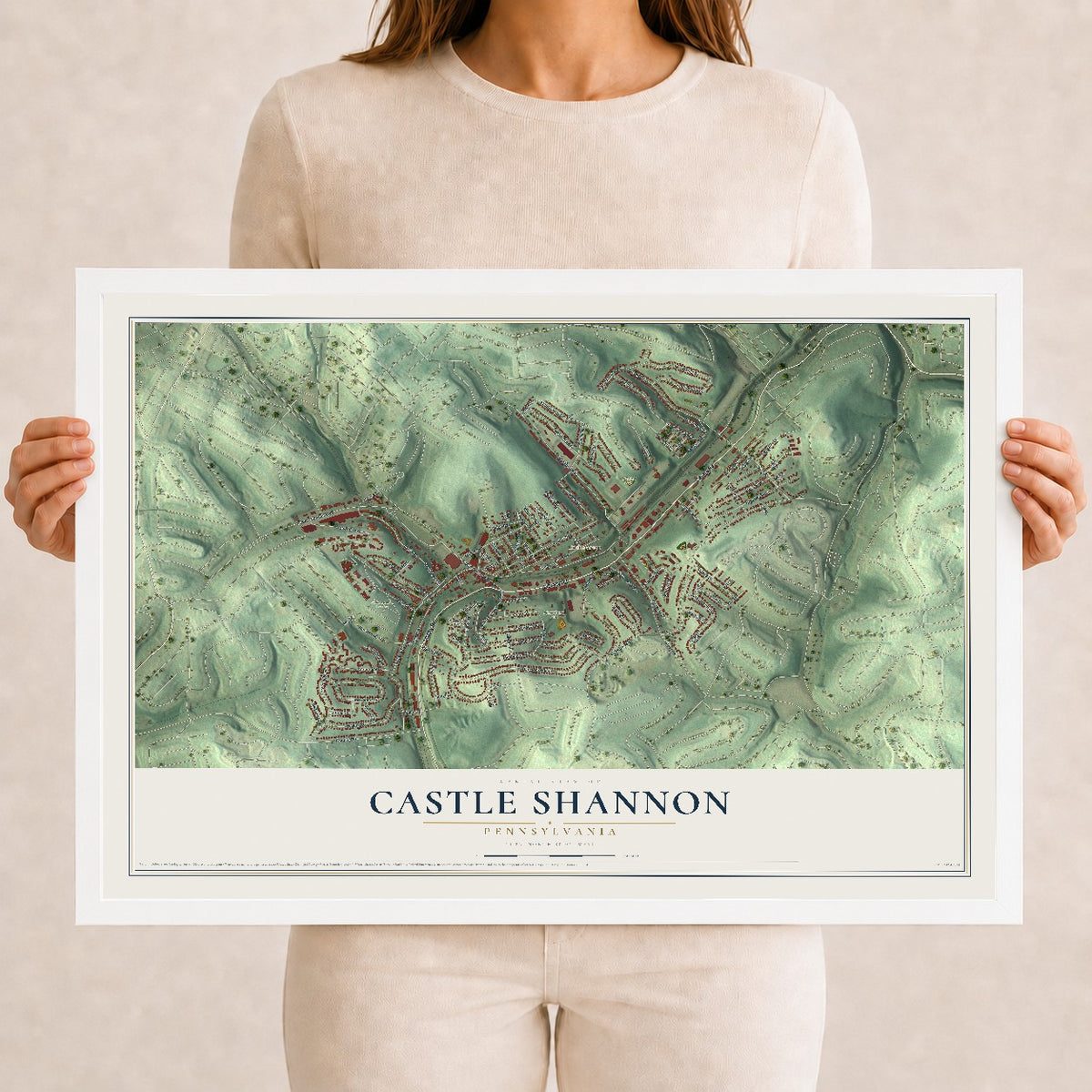 Map of Castle Shannon, Pennsylvania, 12 x 18 inch print in a white wood frame